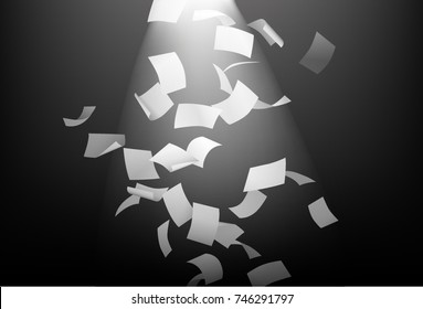 Vector white papers falling in the ray of spotlight on dark background - Shutterstock ID 746291797