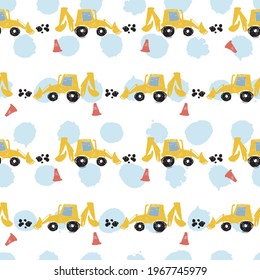 Vector white pastel pen skech rows of cute backhoe excavator seamless pattern with light blue polka dots. Suitable for textile, gift wrap and wallpaper.