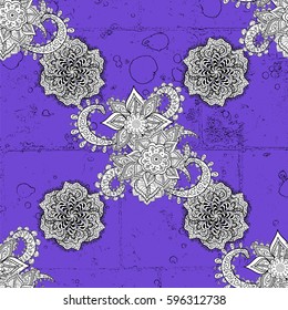 Vector white pattern. Colored pattern on violet background with white elements. White textured curls. Oriental style arabesques.
