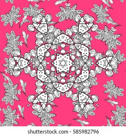 Vector white pattern. Oriental style arabesques. Seamless white textured curls. Vector illustration. Pink background with white elements.