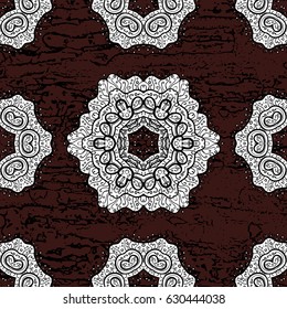 Vector white pattern. Ornamental textured curls. Oriental style arabesques white pattern on a brown background with white elements.