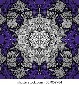 Vector white pattern. Seamless white textured curls. Oriental style arabesques. Violet background with white elements. Vector illustration.