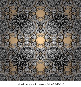 Vector white pattern. Seamless white textured curls. Oriental style arabesques. Pattern on beige background with with white doodles.