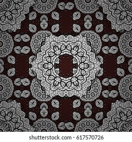 Vector white pattern. Seamless white textured curls. Brown background with white elements. Vector illustration. Oriental style arabesques.