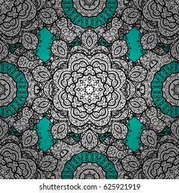 Vector white pattern. Seamless textured curls. Oriental style arabesques white pattern on a blue background with white elements.