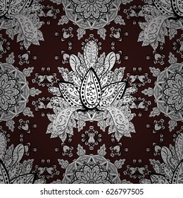 Vector white pattern. Seamless textured curls. Oriental style arabesques white pattern on a brown background with white elements.