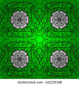 Vector white pattern. White textured curls. Oriental style arabesques. Colored pattern on green background with white elements.