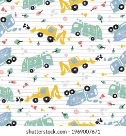 Vector white pen skech doodle cute tilted cement trucks transport vehicles seamless pattern with stripes. Suitable for textile, gift wrap and wallpaper.