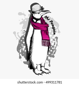 Vector white penguin in a hat and red scarf. Hand drawn illustration of dressed penguin.