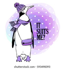Vector white penguin in a hat and scarf. Hand drawn illustration of dressed penguin.