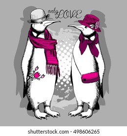 Vector white penguins. Hand drawn illustration. 