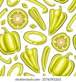 Vector White Pepper Seamless Pattern, decorative background with variety flying cartoon sweet peppers with seeds, square poster with group of whole and parts of yellow bell peppers on white background