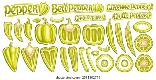 Vector White Pepper Set, lot collection of cut out outline illustrations of different sweet and spicy peppers with seeds, group of whole and chopped variety pale green bell peppers on white background