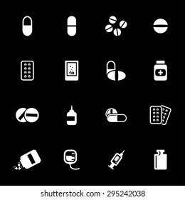Vector white pills icons set on black background