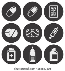 Vector white Pills, medication icons set 