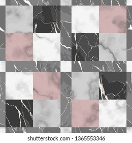Vector white, pink and black check marble seamless pattern. Repeat marbling surface, modern luxurious chessboard background, luxury wallpaper, textile print and tile.
