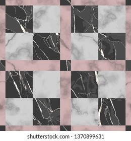 Vector white, pink and black check marble seamless pattern. Repeat marbling surface, modern luxurious chessboard background, luxury wallpaper, textile print and tile.