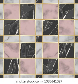 Mármol vectorial blanco, rosa y negro, sin fisuras. Repita la superficie de mármol con elementos decorativos dorados, lujosos y modernos fondos de ajedrez, papel pintado de lujo, impresiones textiles y azulejos.