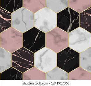Vector white, pink and black hexagon marble seamless pattern. Repeat chaotic marbling surface with gold geometric elements, modern luxurious background, wallpaper, textile print and tile.