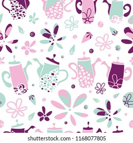 
Vector white, pink, blue and mauve tea or coffee pots seamless pattern background. Funky hand drawn crockery with floral elements on white background. Kitchen utensil design. Modern all over print .
