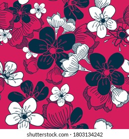 Vector white pink cherry flowers seamless pattern