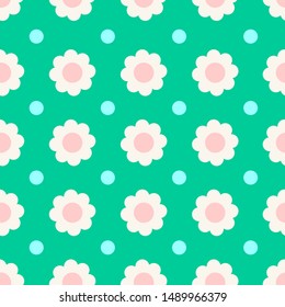 Vector white and pink flowers with blue dots on green background seamless pattern, arranged in rows. Ideal for clothing and bedding for babies and toddlers, packaging, fabric, stationery, scrapbooking