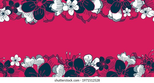 Vector white pink flowers border seamless pattern