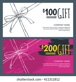 Vector white and pink gift vouchers with bow ribbons and watercolor background. Creative holiday cards or banners. Design concept for gift coupon, invitation, certificate, flyer, ticket.