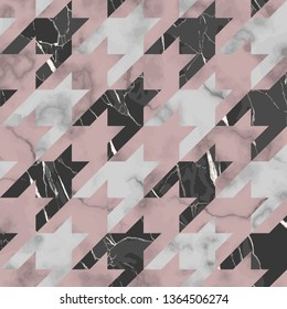 Vector white, pink, gray and black houndstooth marble seamless pattern. Repeat marbling surface, modern luxurious chessboard background, luxury wallpaper, textile print and tile.