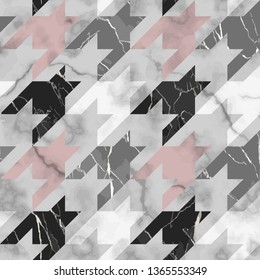 Vector white, pink, gray and black houndstooth marble seamless pattern. Repeat marbling surface, modern luxurious chessboard background, luxury wallpaper, textile print and tile.