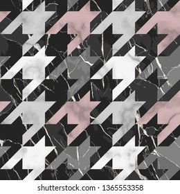 Vector white, pink, gray and black houndstooth marble seamless pattern. Repeat marbling surface, modern luxurious chessboard background, luxury wallpaper, textile print and tile.