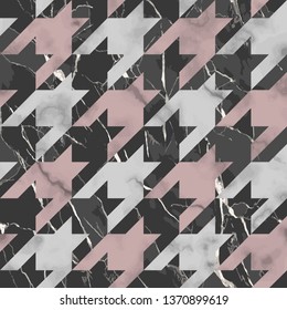 Vector white, pink, gray and black houndstooth marble seamless pattern. Repeat marbling surface, modern luxurious chessboard background, luxury wallpaper, textile print and tile.
