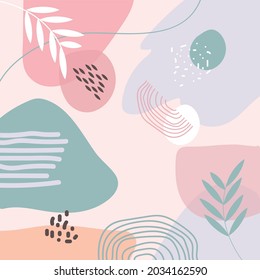 Vector of white, pink and green leaf and abstract organic shapes on pale pink background. graphic decor print, beauty in nature design background concept digitally generated image.