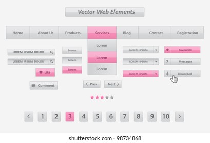 Vector white and pink web elements ( rating symbols, pagination bar, search buttons)