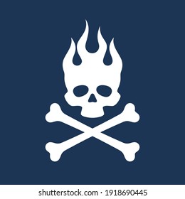 Vector white pirate symbol burning skull with crossbones. Dark blue background.