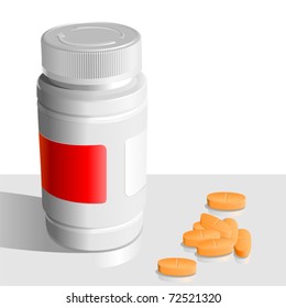 vector white plastic bank for tablets with a red label around her yellow pills
