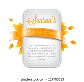 Vector white plastic banner / badge decorated with satin ribbon and golden yellow autumn leaves