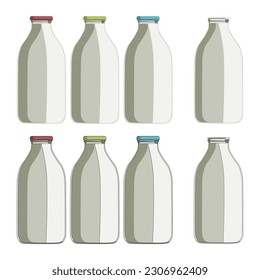 Vektorweißer Kunststoff, Glasmilchflasche mit farbigem Verschluss einzeln auf weißem Hintergrund