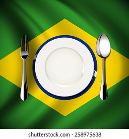 Vector of White plate with spoon and fork on Brazil flag background. The national food concept.