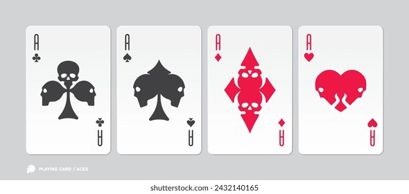 Vector white playing aces playing cards with. Skull design. Isolated on grey background