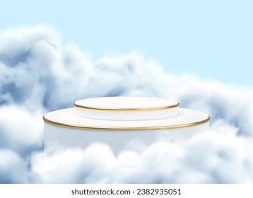 Podio vectorial blanco en nubes azules. Plataforma dorada realista en el cielo con dos niveles. Modelación abstracta de la presentación del producto