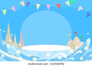 Vector - White podium on Songkran festival water splash of Thailand. Most popular in Asia. Blue. Can be use to show your product. Mock up. Copy space. Holiday.