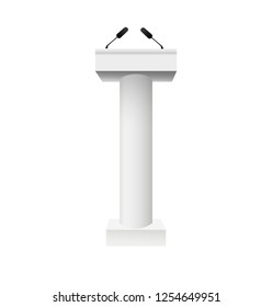 Vector White Podium Tribune Rostrum Stand with Microphones Isolated. Vector illustration EPS10