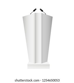 Vector White Podium Tribune Rostrum Stand with Microphones Isolated. Vector illustration EPS10