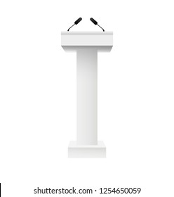 Vector White Podium Tribune Rostrum Stand with Microphones Isolated. Vector illustration EPS10