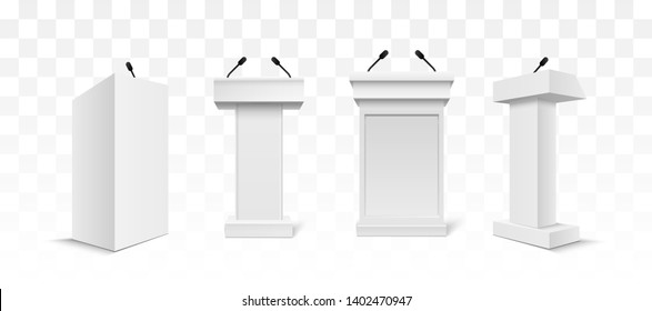 Vector White Podium Tribune Rostrum Stand with Microphones Isolated 