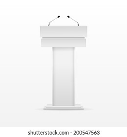 Vector White Podium Tribune Rostrum Stand with Microphones Isolated on Background