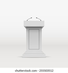 Vector White Podium Tribune Rostrum Stand with Microphones Isolated on Background