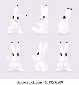 vector white polar hare rabbit set. Cartoon forest animals clip art. Woodland winter wildlife. Mascot character illustration Nature design elements Wild handdrawn creature isolated on light background