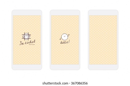 Vector white polka dot on beige background screens for mobile phone app with funny dot character